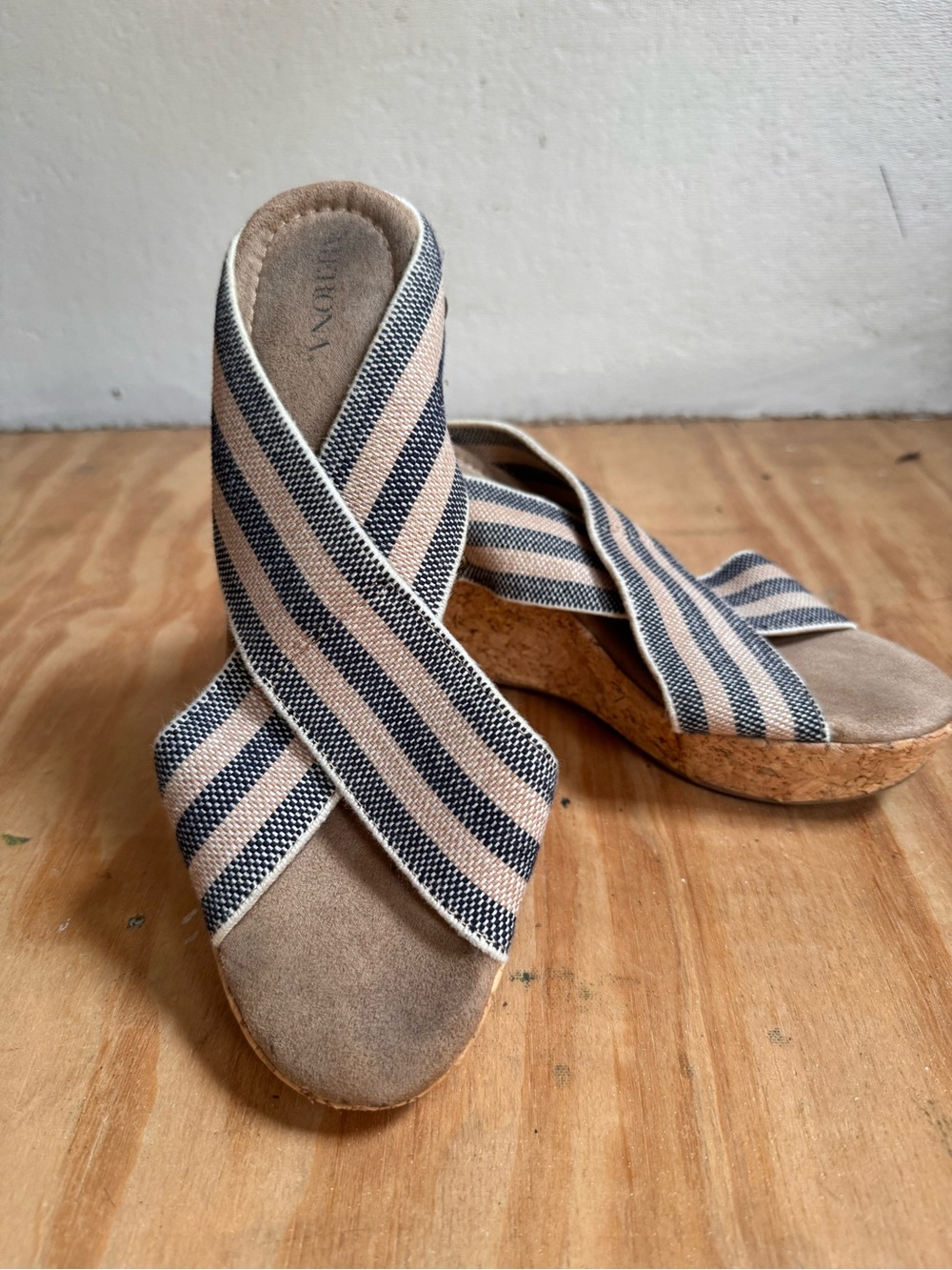 Merona Navy & Beige Striped Cork Wedge Slides